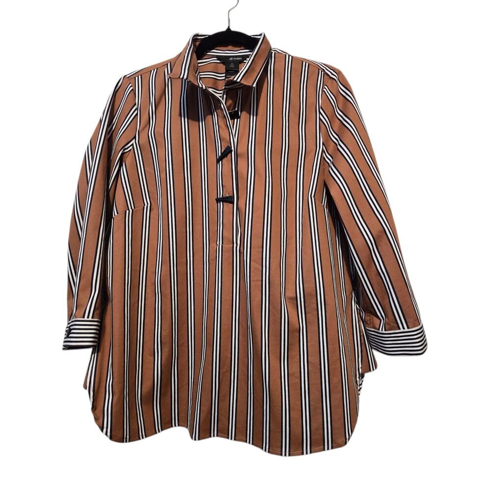 Ali Miles Popover Top Blouse Womens XS Tan Black Stripe Buttons Lagenlook‎ Artsy